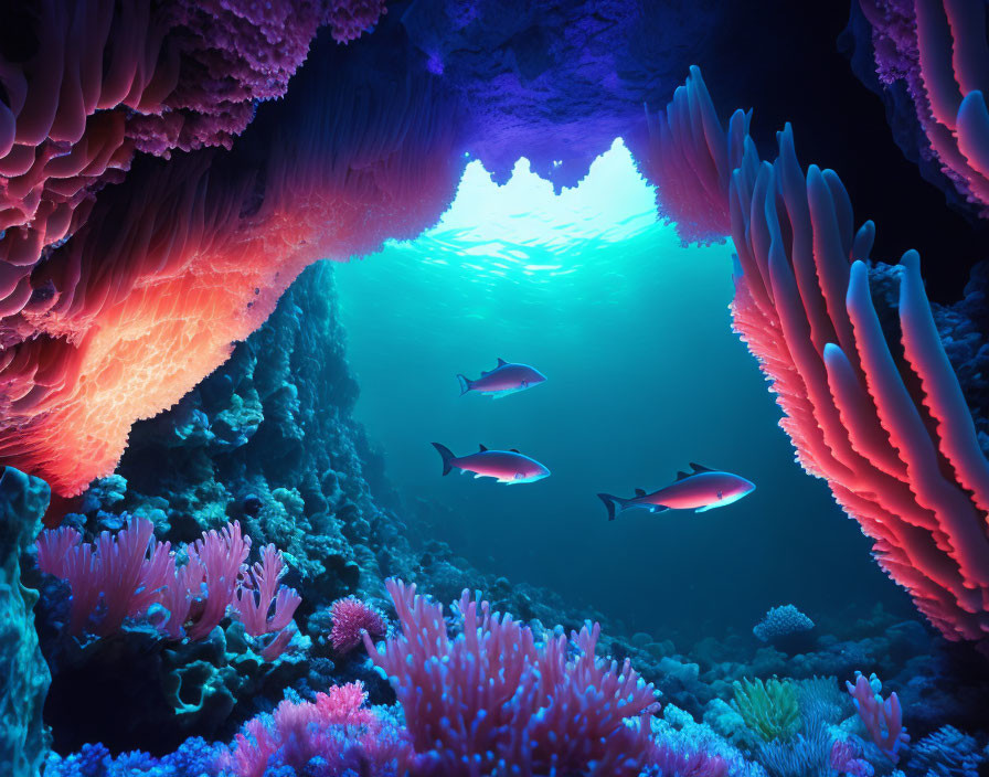 Vibrant coral cave with colorful corals, fish, and serene blue water