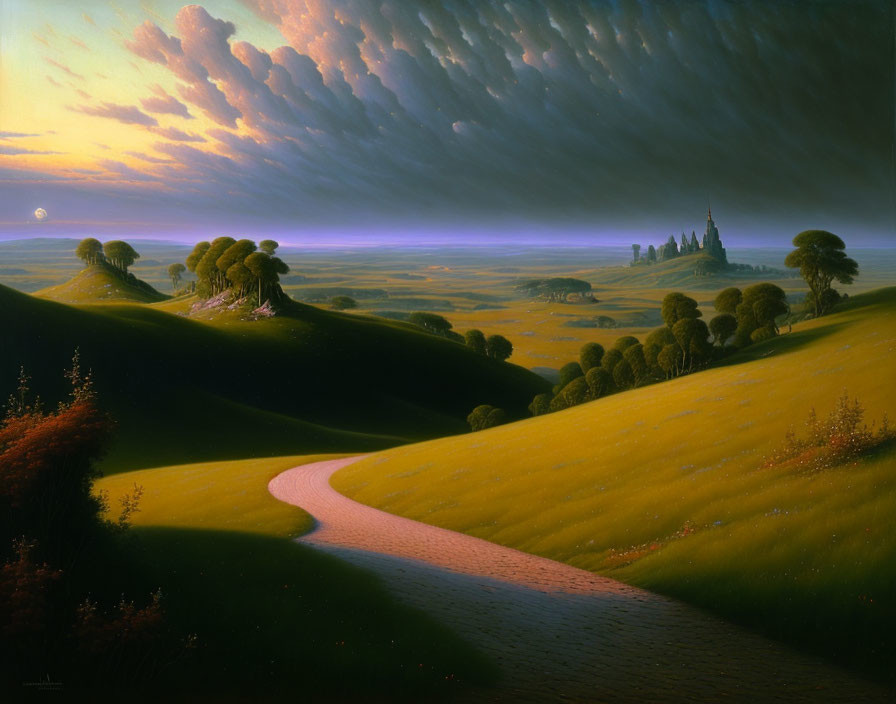 Tranquil sunset landscape with winding path, green hills, and distant castle.