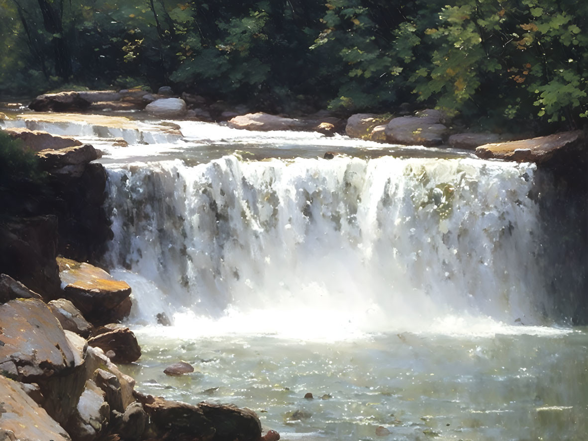 Tranquil waterfall scene with sunlight, trees, and rocky pool