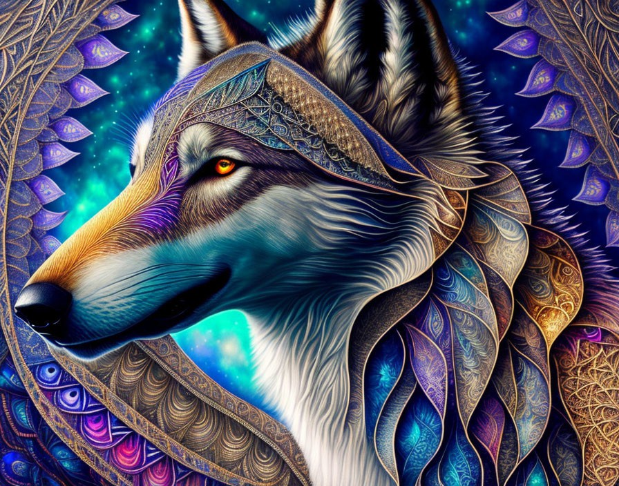 Colorful digital illustration of a mystical wolf with intricate patterns on an ornate background