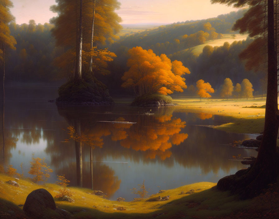 Tranquil autumn landscape: trees, golden leaves, still lake