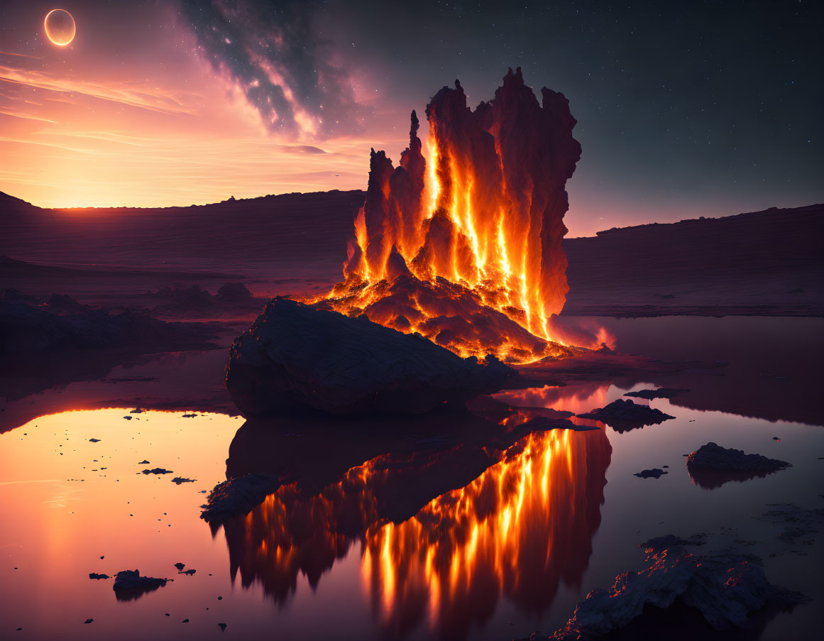 Ethereal fire illuminates towering rock formation at twilight