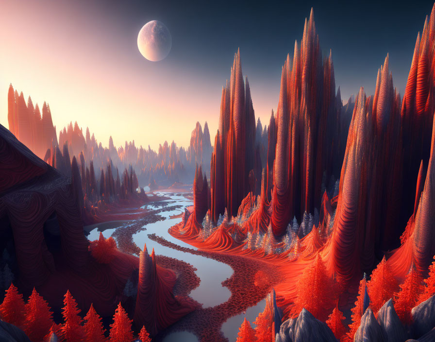 Fantastical landscape with red rock formations, rivers, and moon