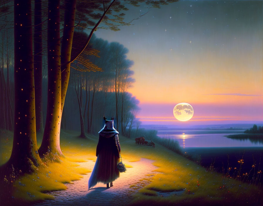 Mysterious figure on path near lake under starry sky with full moon