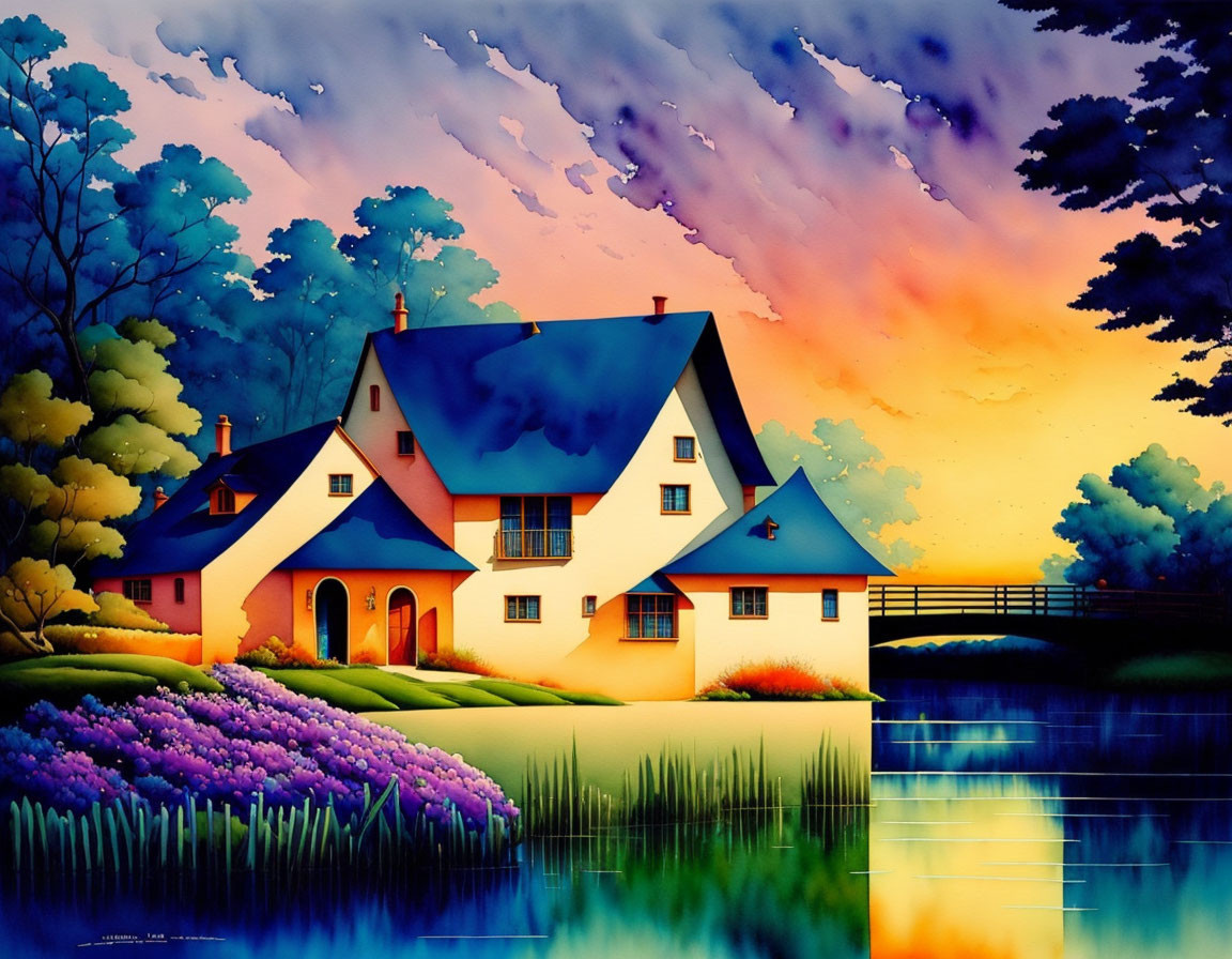 Scenic painting: Cottage with blue roofs by lake at sunset