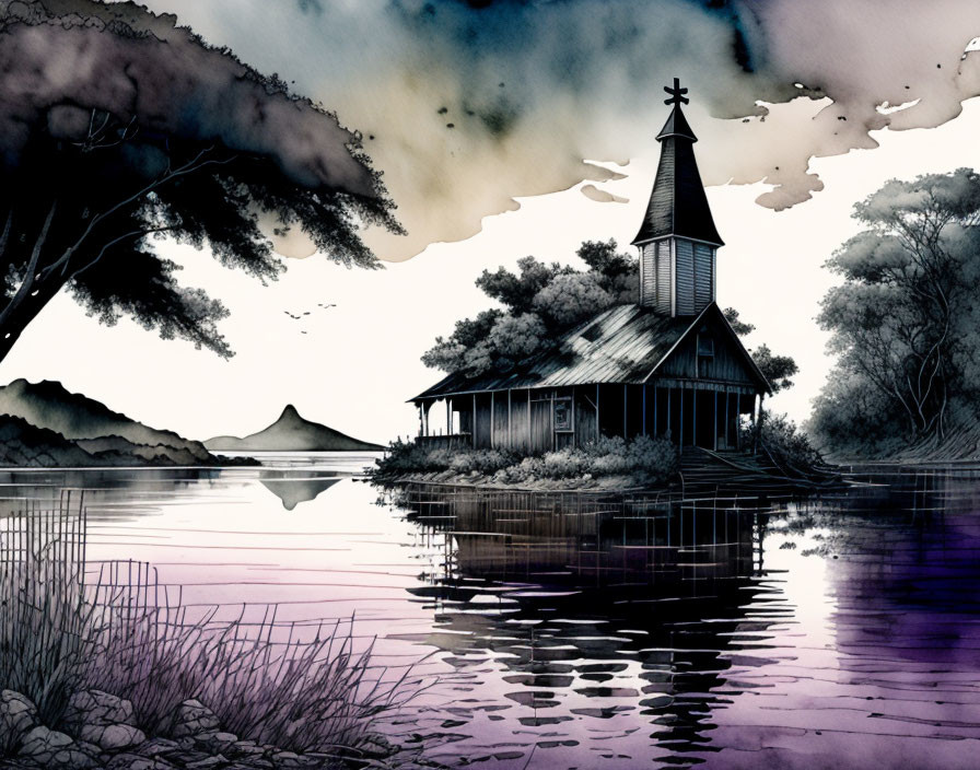 Tranquil lakeside scene with old wooden church at dusk