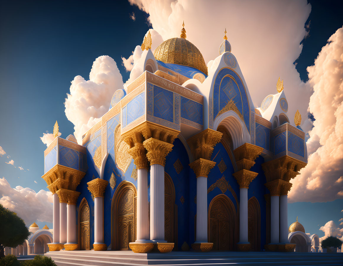 Majestic fantasy palace with golden domes and blue walls