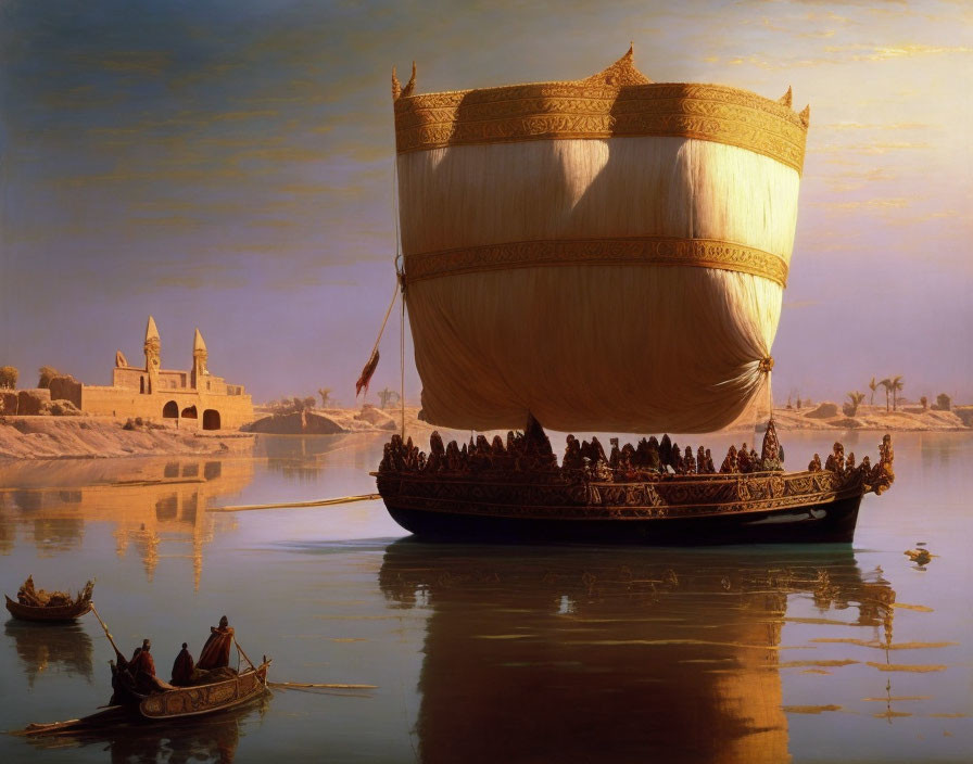 Ancient Egyptian vessel with massive sails on the Nile alongside traditional architecture.