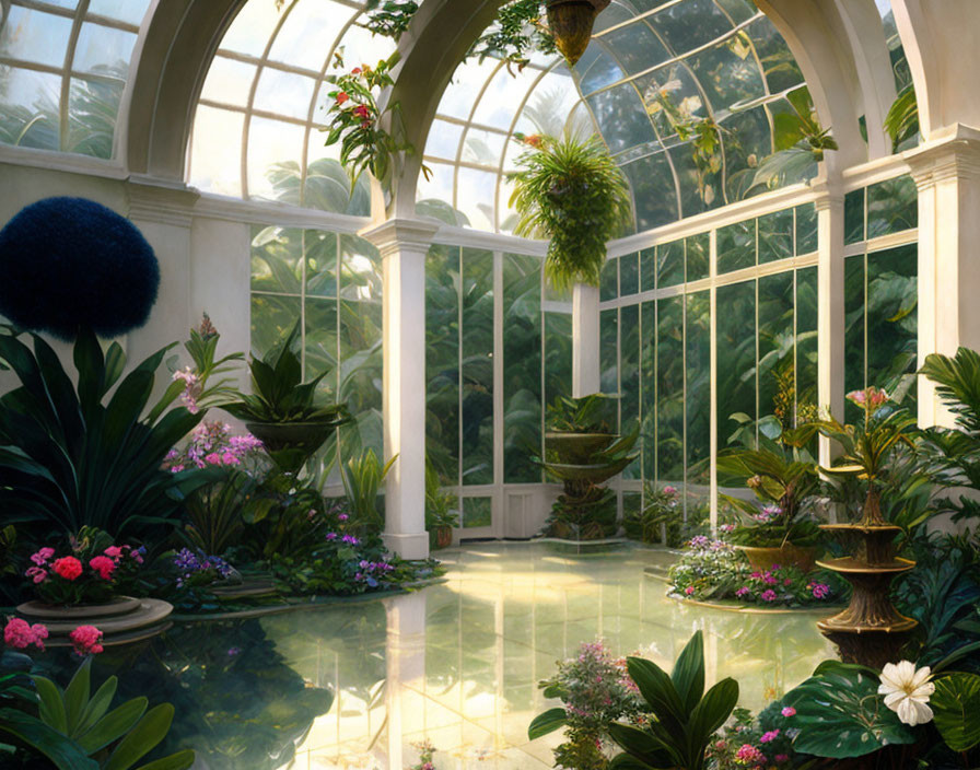 Indoor garden with glass ceiling, abundant plants, marble floor, and arch windows