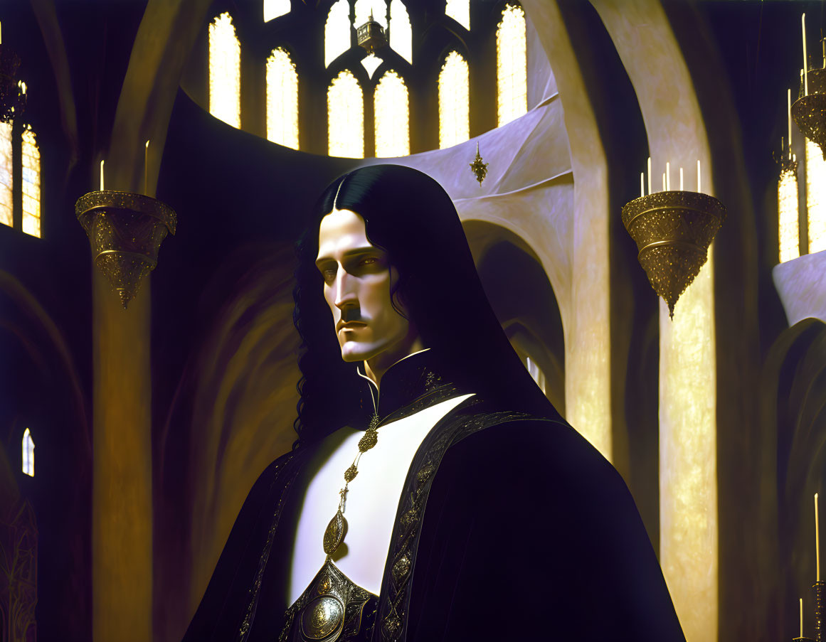 Pale-faced man in black robes in gothic cathedral setting