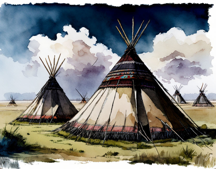 Traditional teepees with intricate designs on grassy plain under cloudy sky