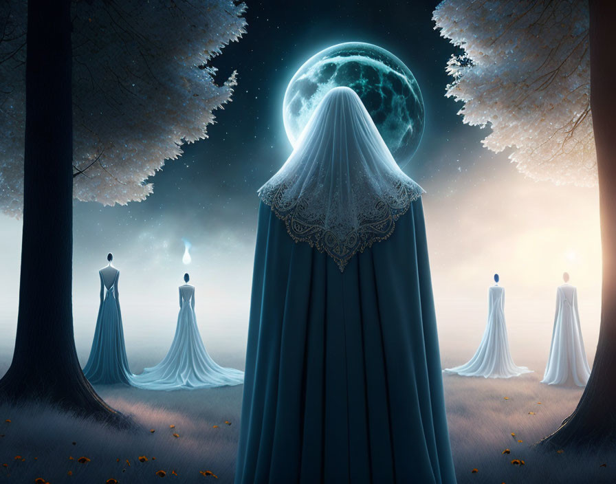 Mystical veiled figures under green moon in surreal forest