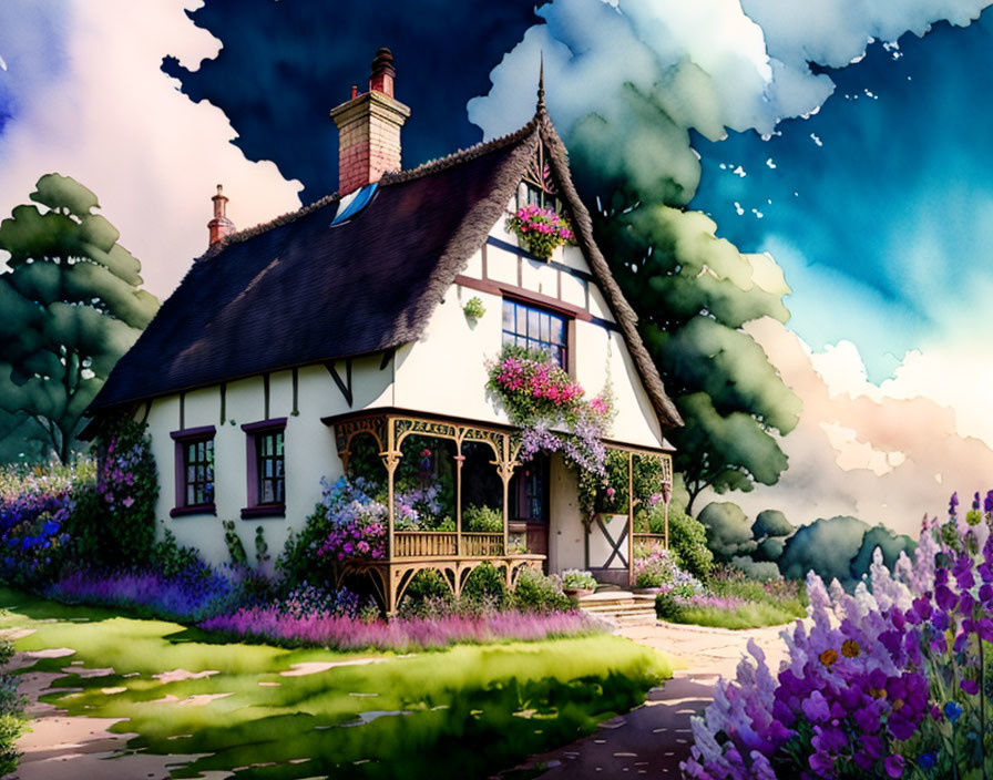 Half-Timbered Cottage Amid Lush Gardens and Purple Flowers