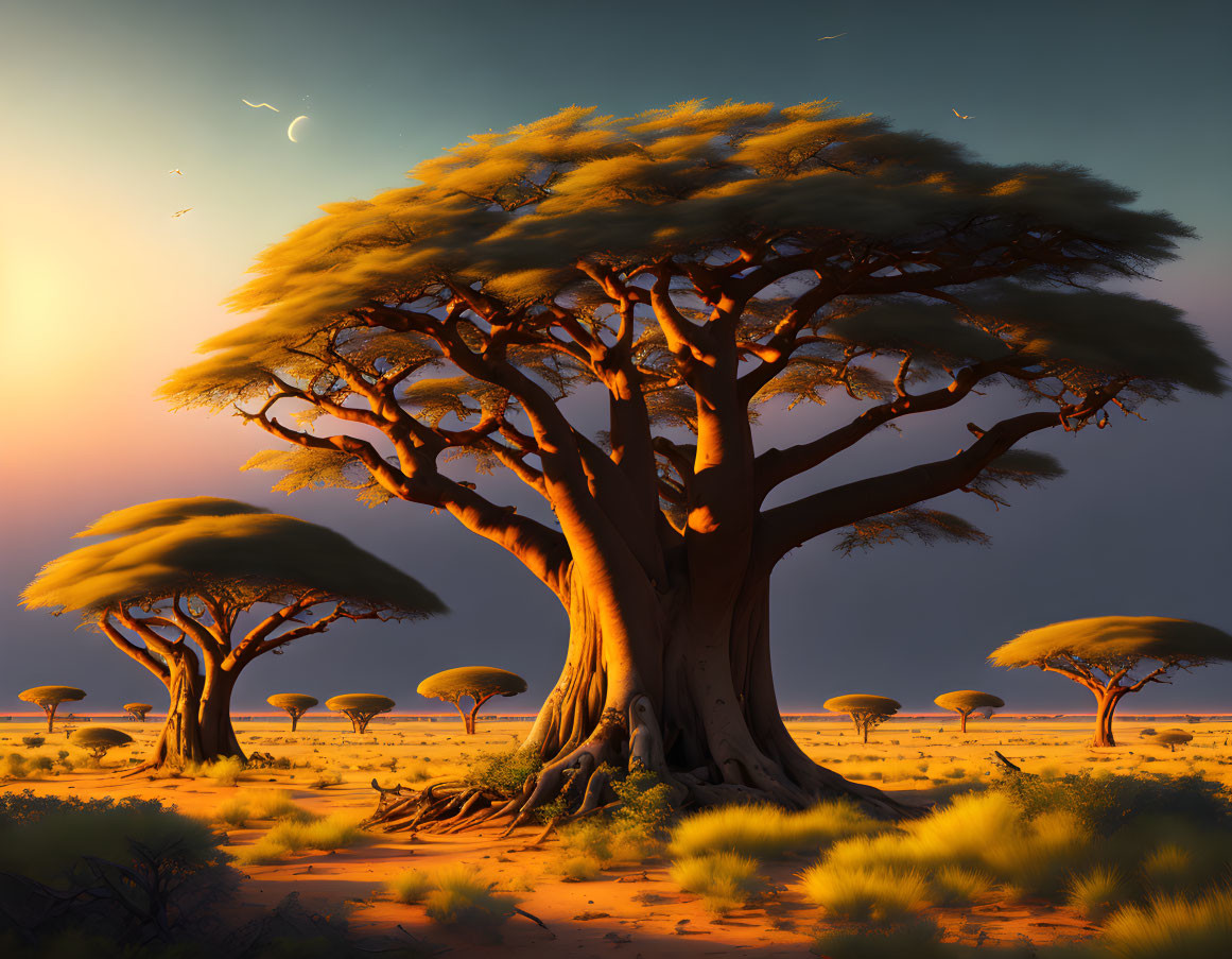 Vibrant savanna landscape with baobab trees at sunrise or sunset