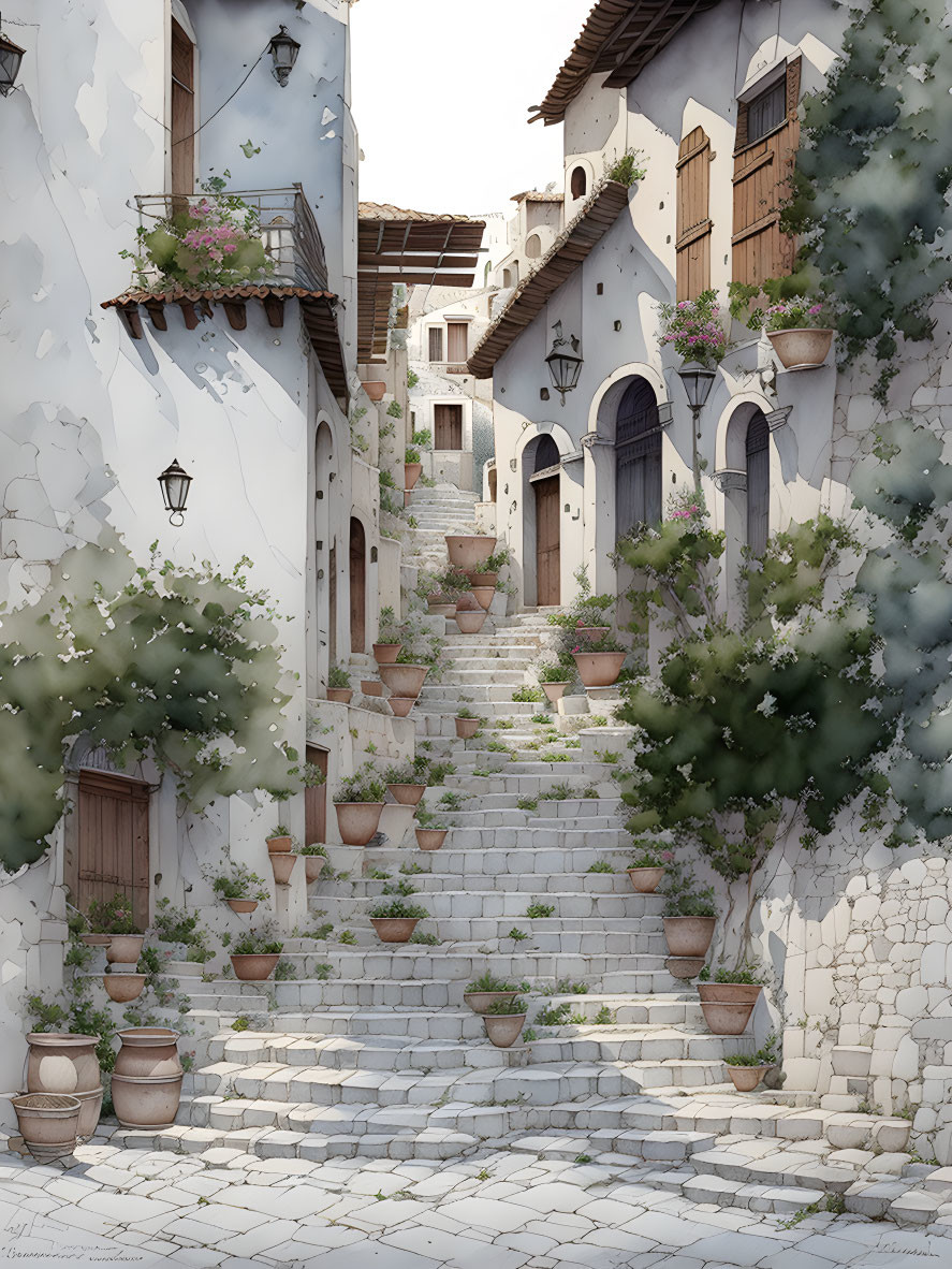 European Alley with White Stone Buildings and Greenery