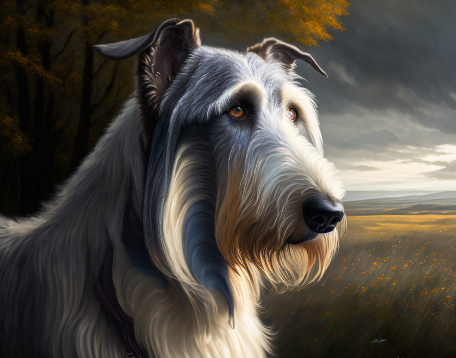 Realistic digital painting: Scottish Terrier dog with detailed fur in golden field and stormy sky