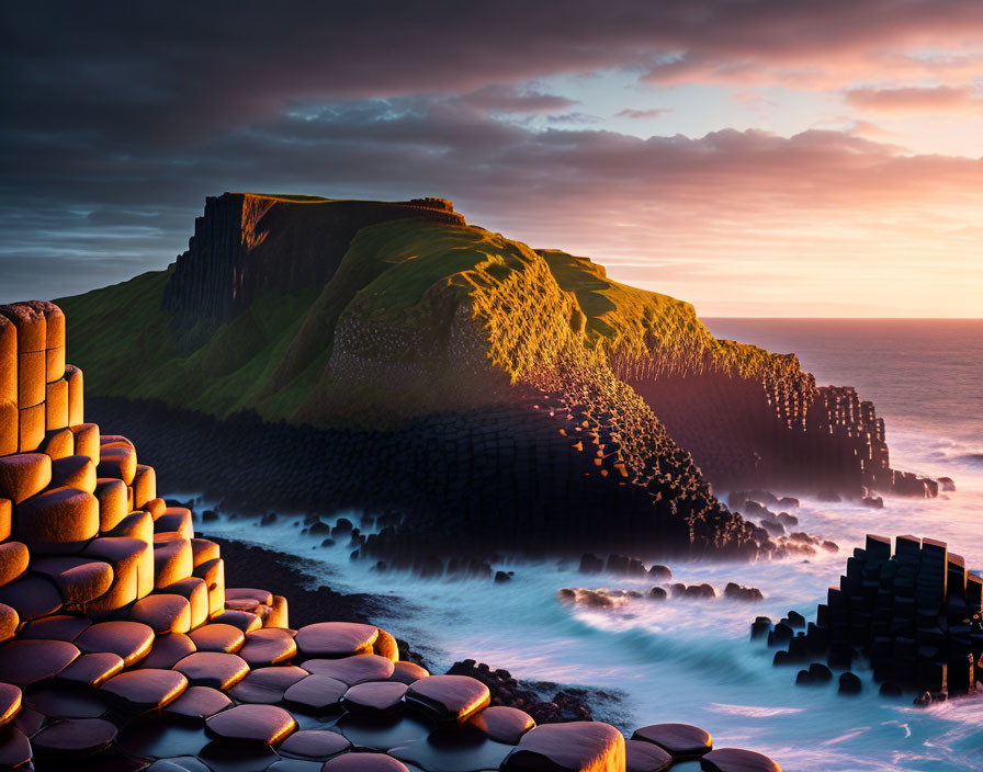 Sunset over rugged coastline with hexagonal rock formations and dramatic cliff.