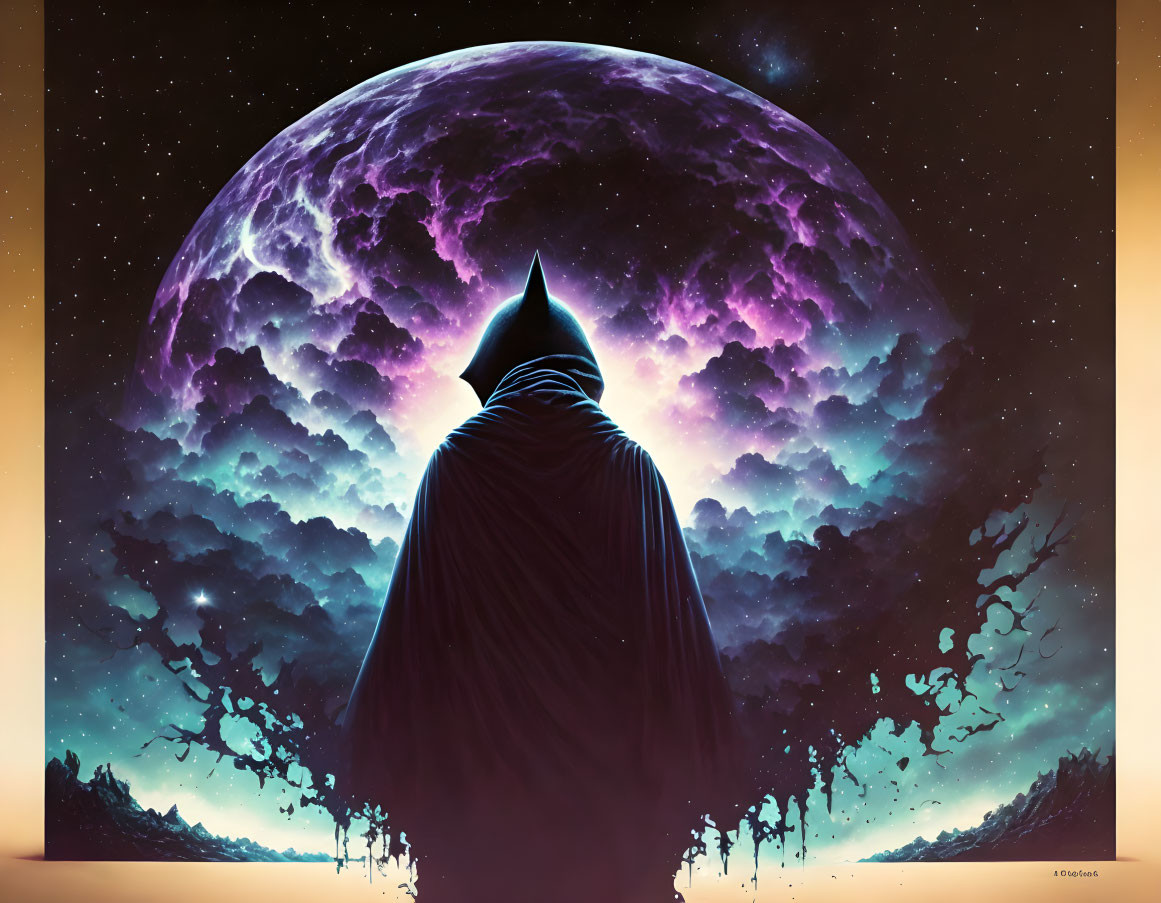 Silhouetted figure under massive purple moon with stars and clouds