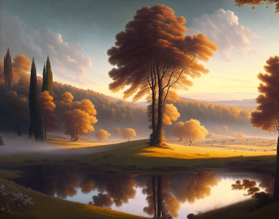 Tranquil autumnal landscape with orange trees, serene lake, and misty hills