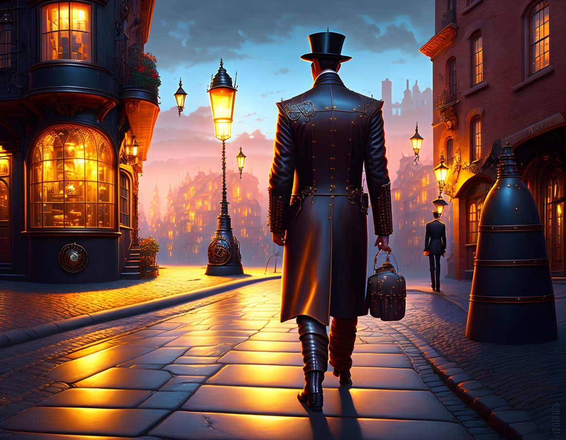 Vintage Victorian Gentleman Walking on Cobbled Street at Dusk