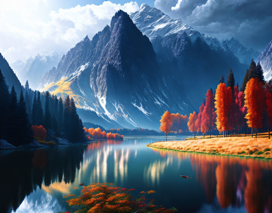 Tranquil autumn landscape with snow-capped mountains, serene lake, and orange trees