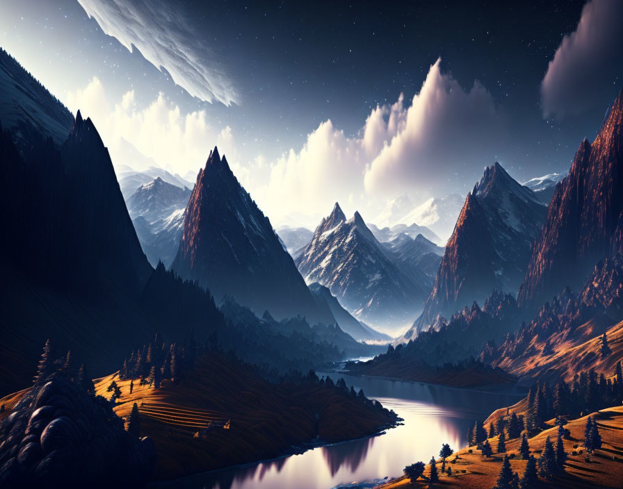 Snowy Peaks and Serene River in Moonlit Landscape