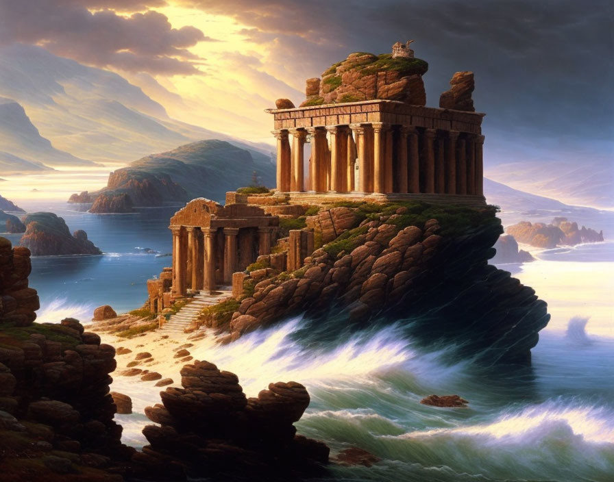 Ancient temple on rocky cliff with crashing waves and distant mountains