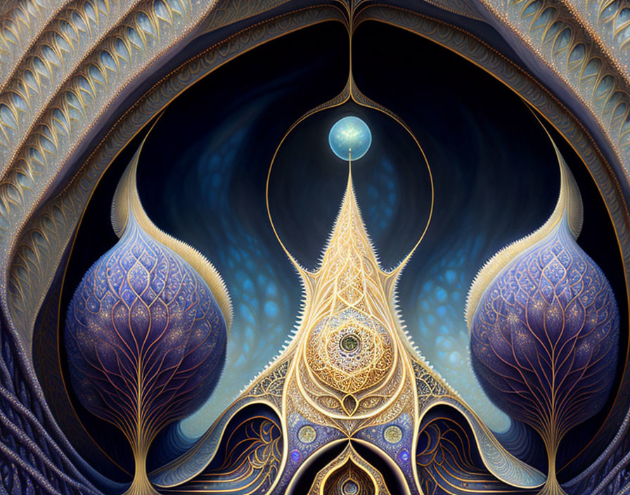 Symmetrical abstract digital art: central sphere, ornate patterns, intricate designs, blue and golden hues