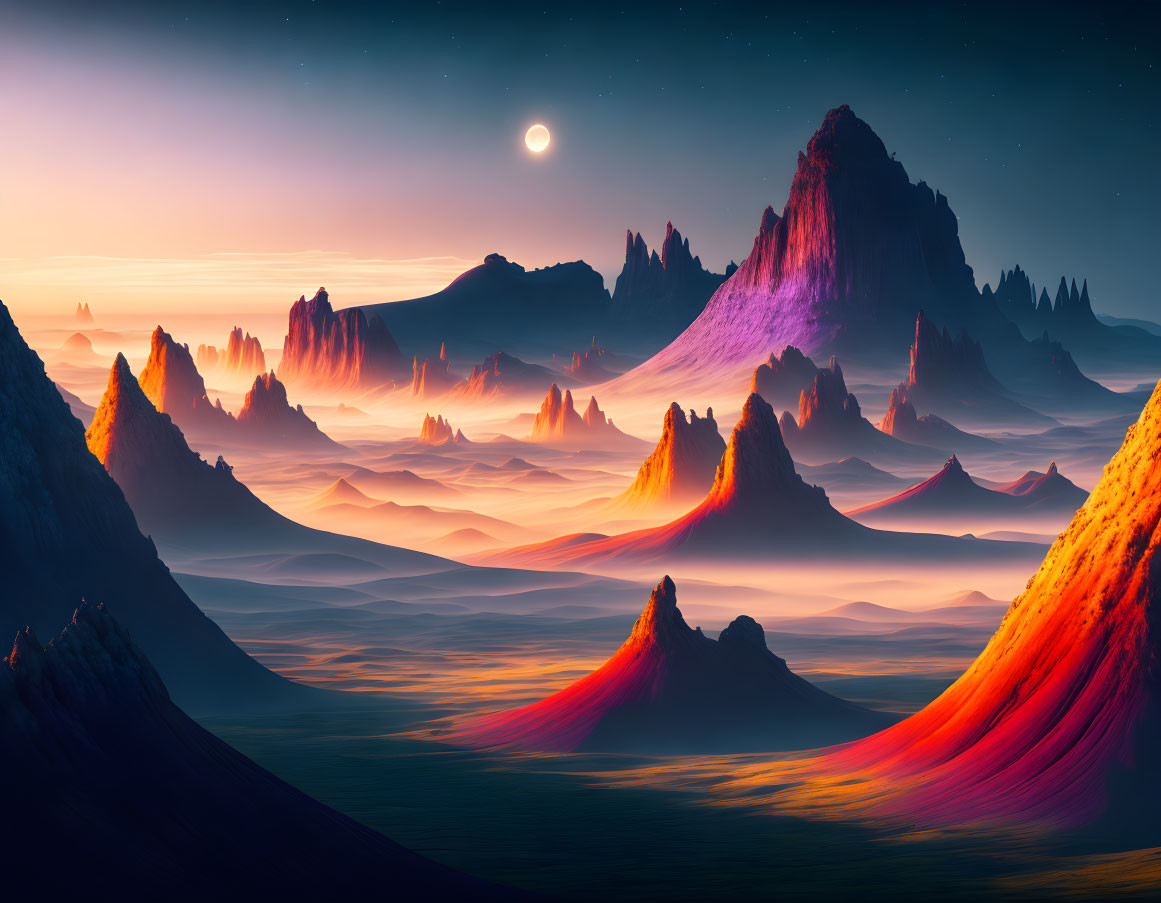 Vibrant colorful mountains in twilight with crescent moon