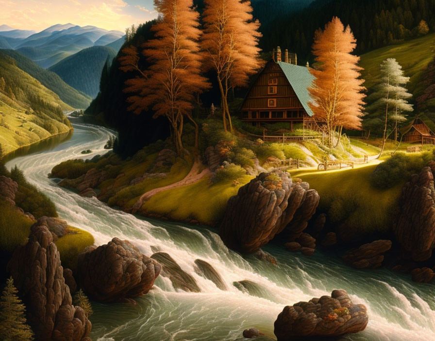 Tranquil river landscape with autumn trees and cabin