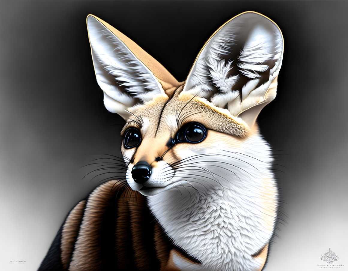 Detailed digital art: Fennec fox with large ears and expressive eyes on grey background