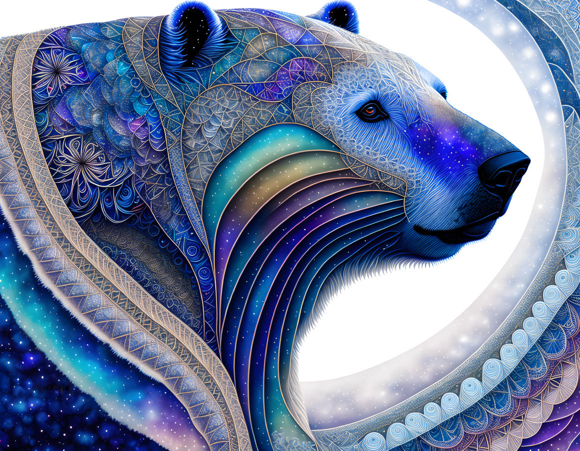 Colorful Bear Artwork with Cosmic Motifs and Celestial Background