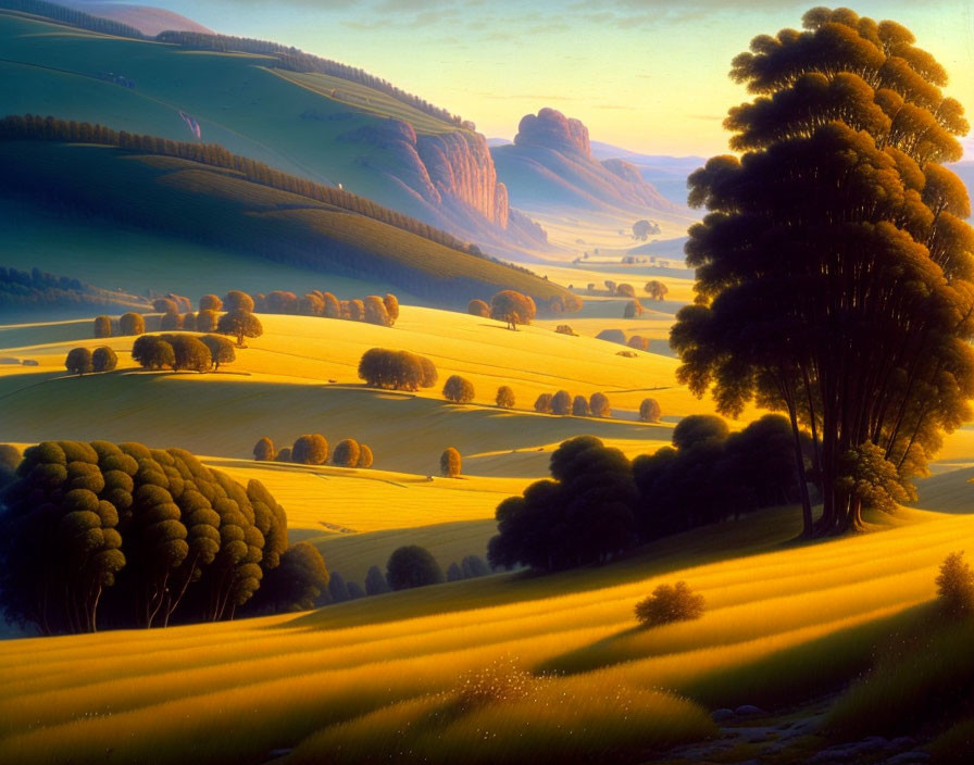 Rolling hills landscape with golden fields and green trees under a tranquil sky.