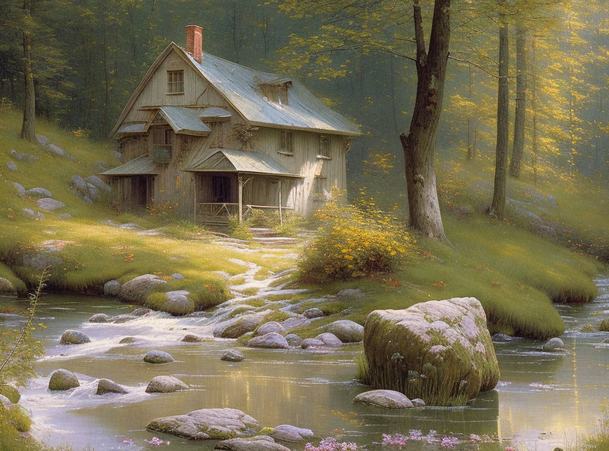 Tranquil forest scene: wooden house by stream with dappled sunlight