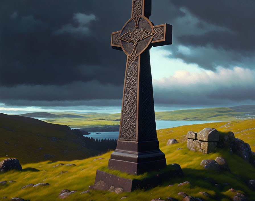 Celtic cross on grassy hill under stormy sky with serene lake