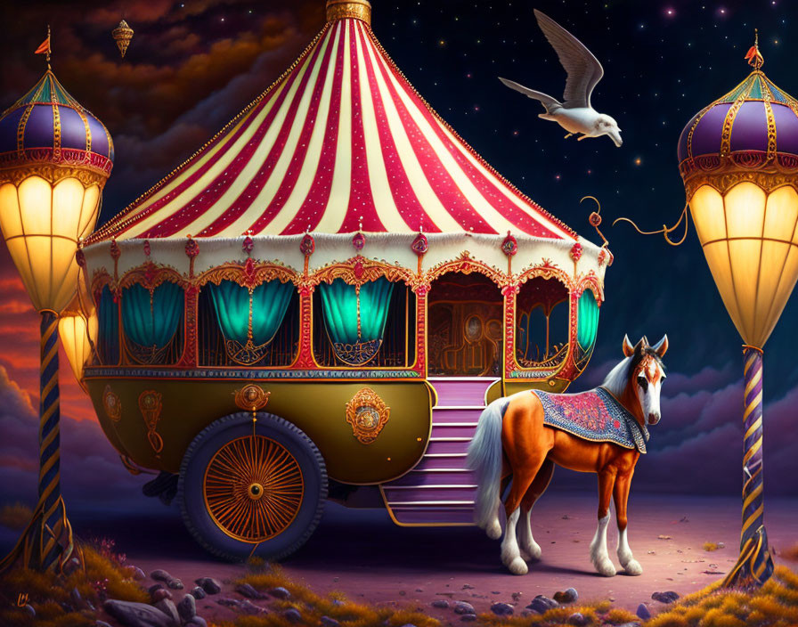 Colorful ornate carriage with horse under starry sky and floating lanterns