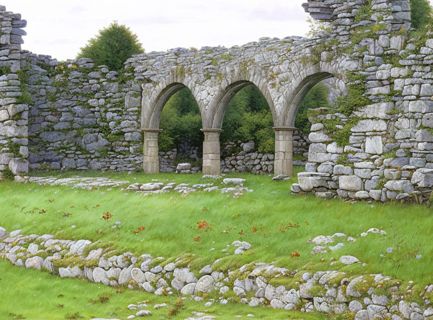 Decaying stone archways in green field with old walls and scattered rocks