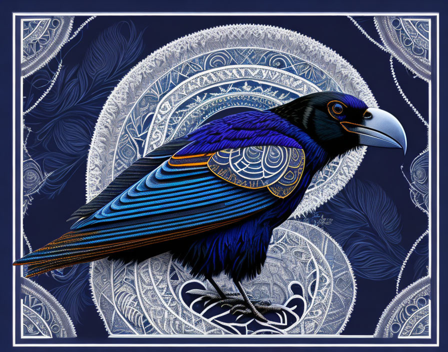 Stylized raven digital artwork with vibrant blue feathers