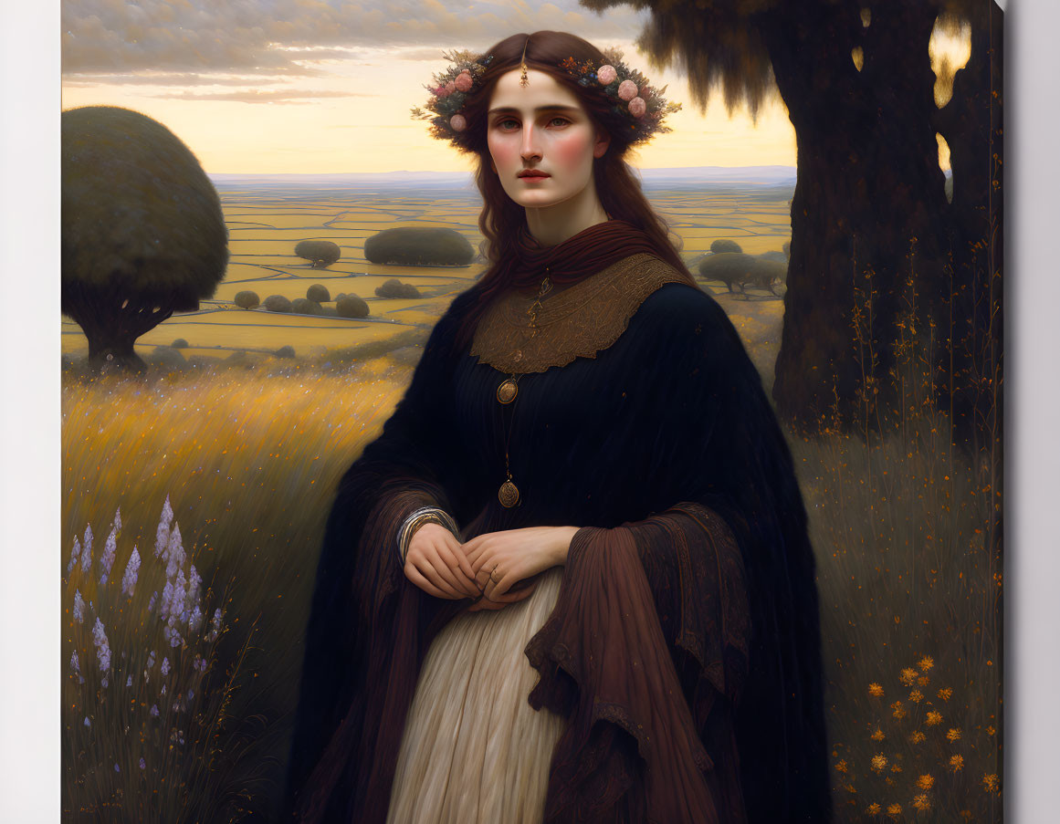 Woman with Floral Crown in Dark Shawl and Cream Dress in Sunset Landscape