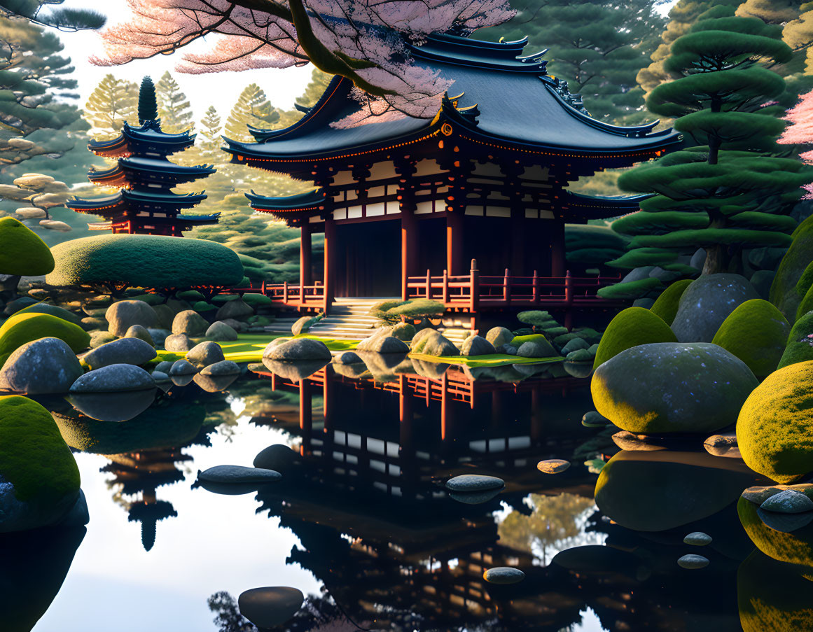 Traditional Japanese garden with pagoda, red shrine, pond, trees, and moss-covered stones