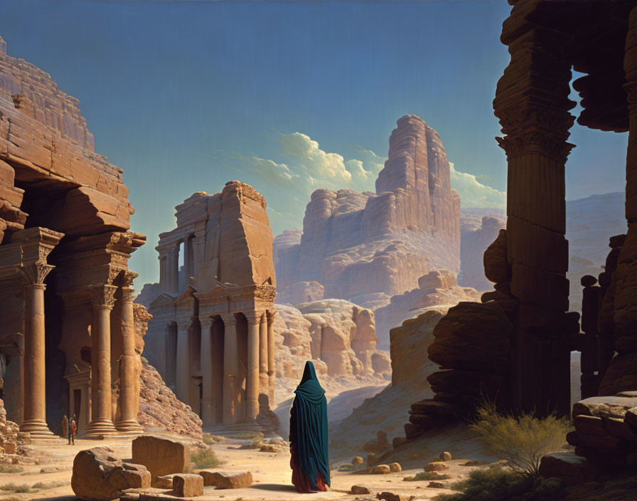 Person in Blue Cloak Observing Ancient Ruins in Desert Landscape