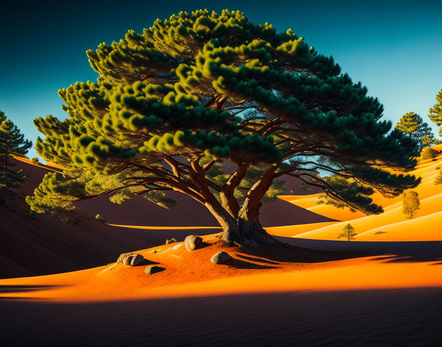 Lone green tree in orange sand dunes at sunrise or sunset