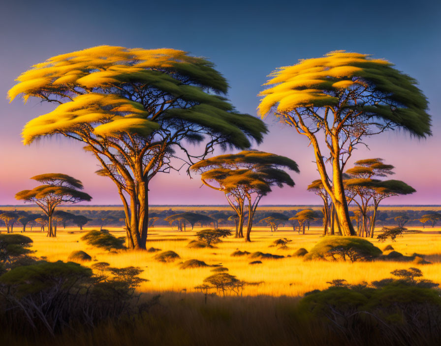 Vibrant African savanna sunset with iconic Acacia trees.