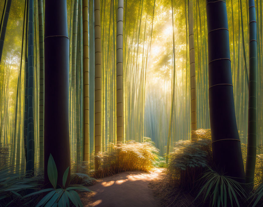 Dense Bamboo Forest with Sunlight Filtering Through