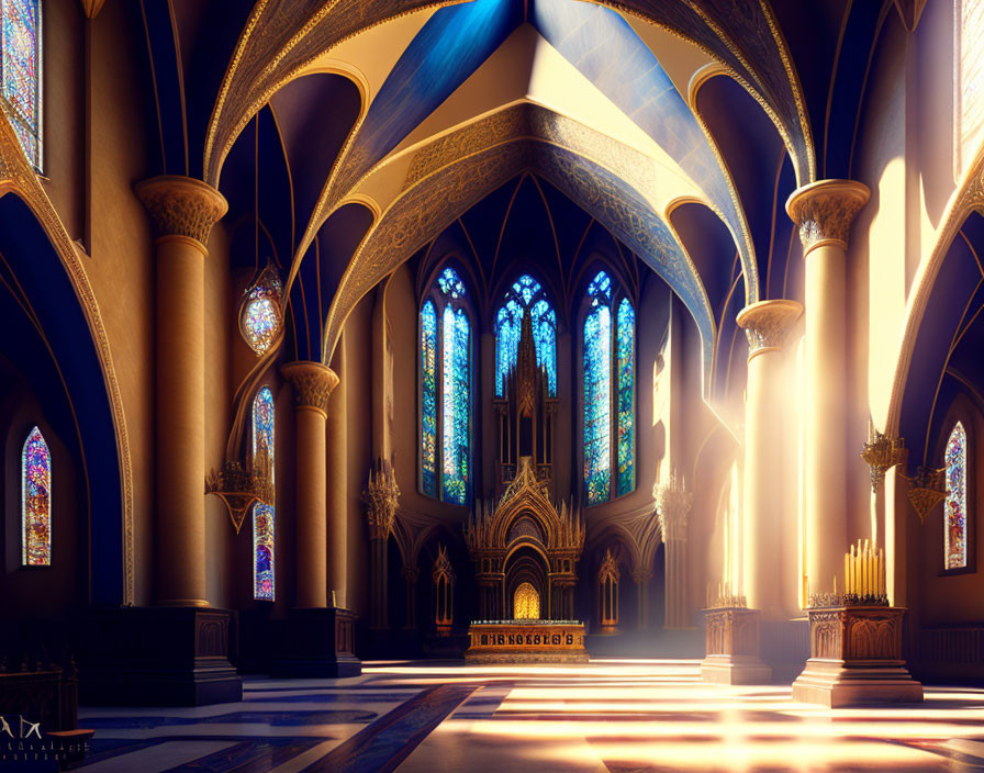 Gothic Cathedral Interior with Sunlight and Stained Glass Windows