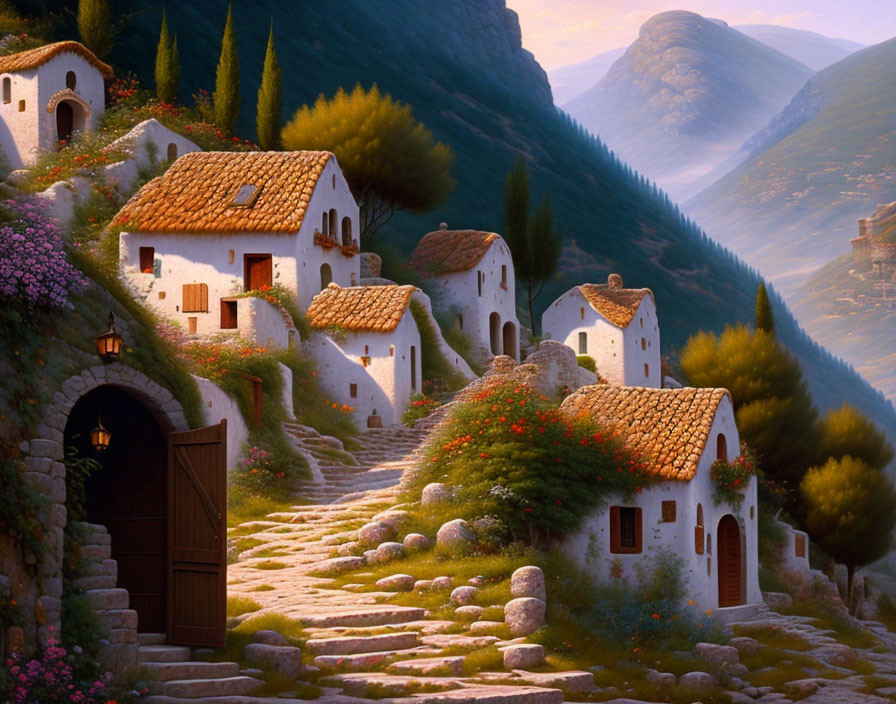 Hillside stone houses with terracotta roofs and colorful flowers at sunrise