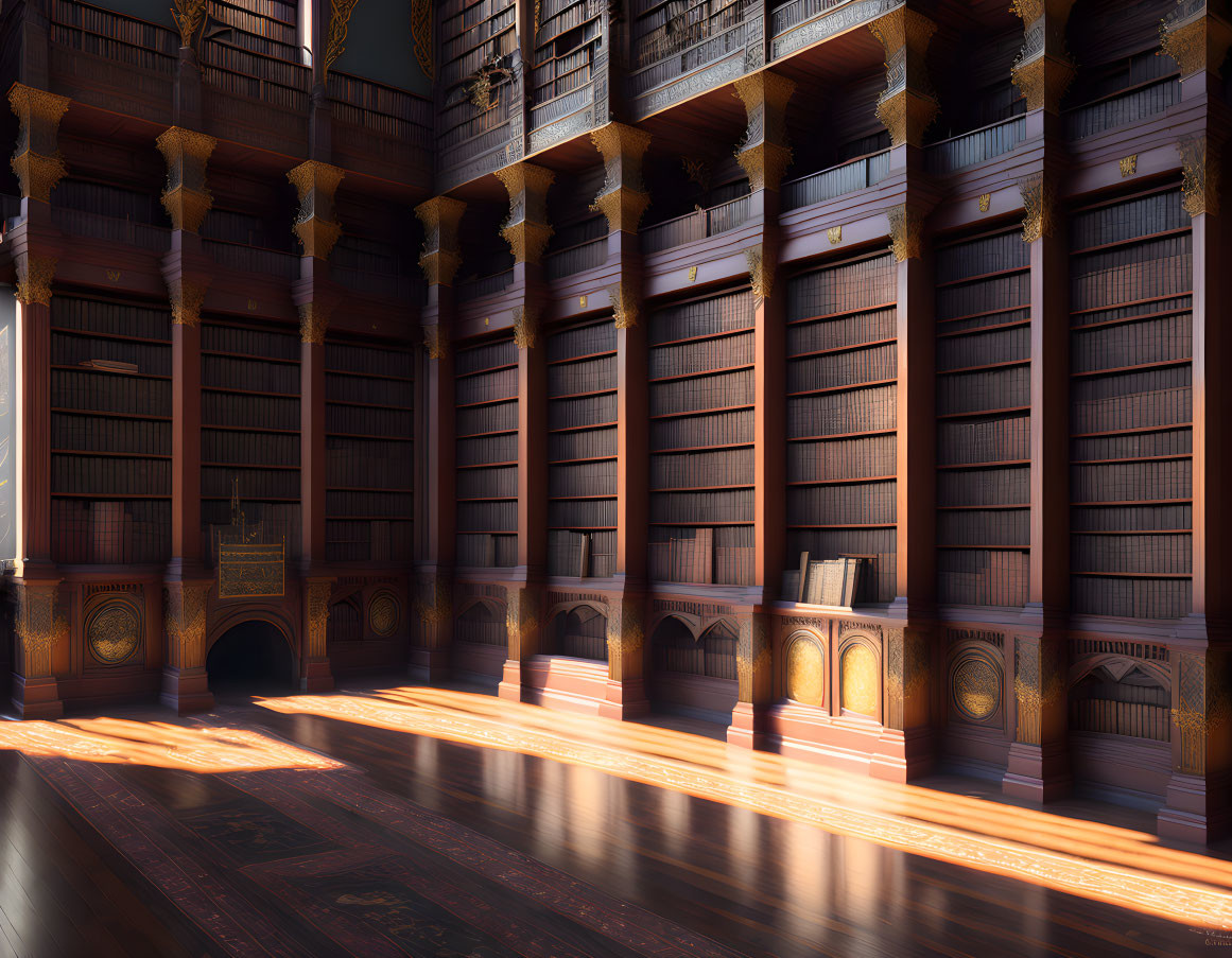 Sunlight-filled ornate wood-paneled library with tall bookshelves