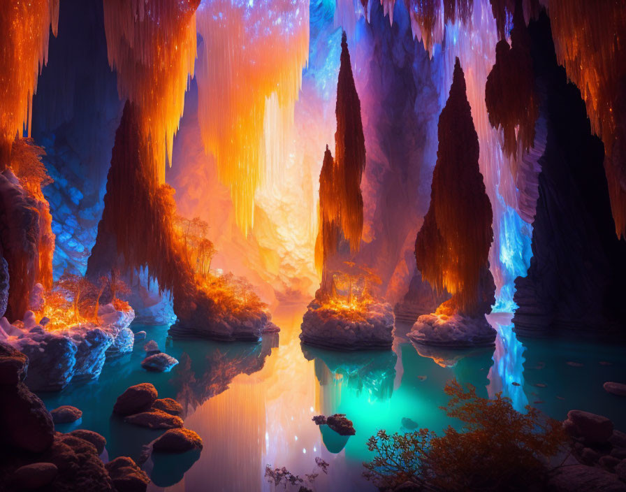 Mystical subterranean landscape with stalactites and radiant colors