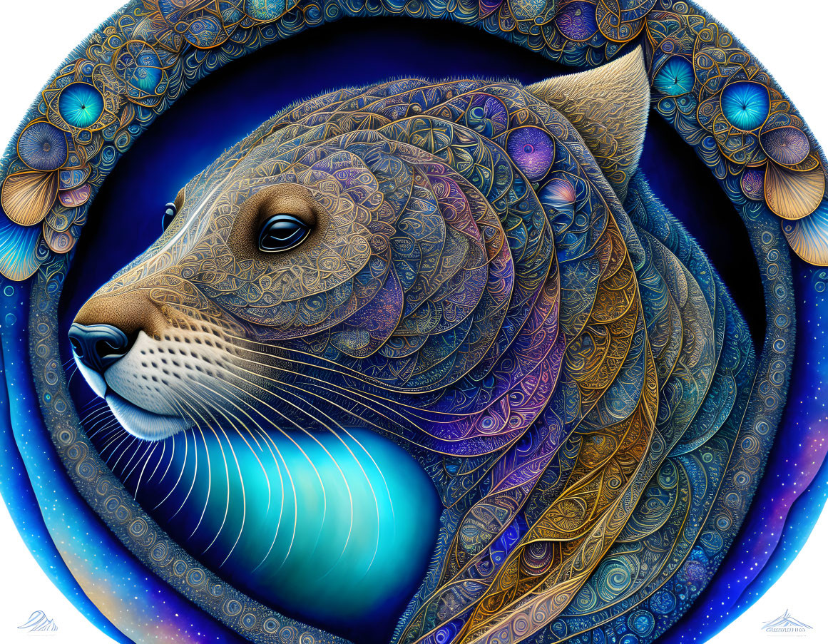 Colorful Seal Illustration with Intricate Patterns and Peacock Feather Border