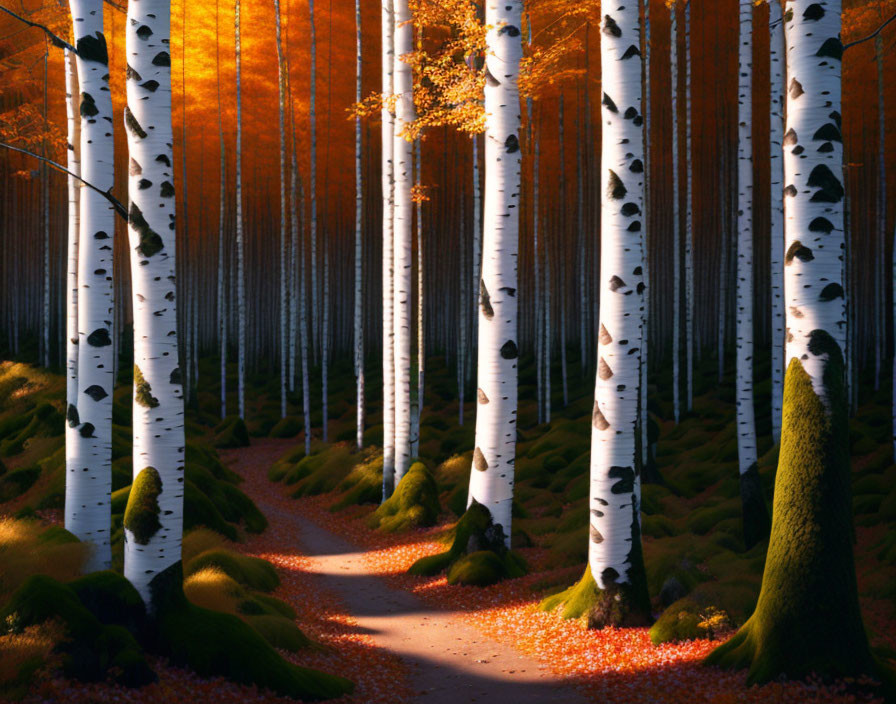 Tranquil Forest Pathway with White Birch Trees in Autumn